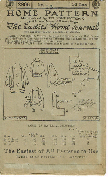 Ladies Home Journal 2806: 1920s Uncut Misses Blouse Vintage Sewing Pattern