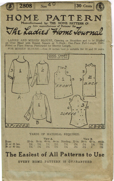 Ladies Home Journal 2808: 1920s Uncut Misses Blouse 40 B Vintage Sewing Pattern
