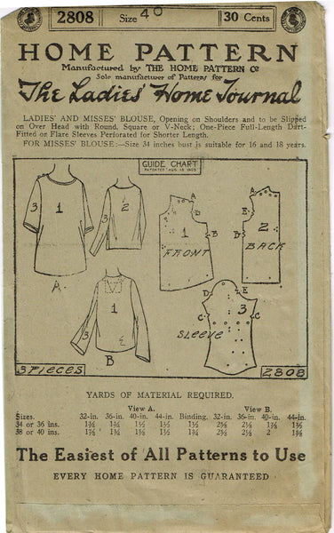 Ladies Home Journal 2808: 1920s Uncut Misses Blouse 40 B Vintage Sewing Pattern