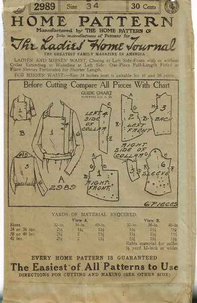 Ladies Home Journal 2989: 1920s Uncut Misses Blouse Vintage Sewing Pattern