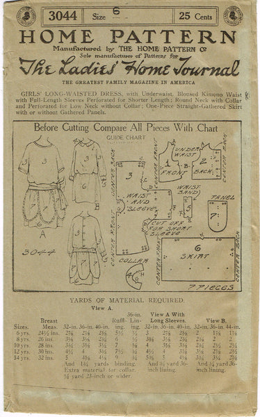 Ladies Home Journal 3044: 1920s Uncut Girls Party Dress Vintage Sewing Pattern