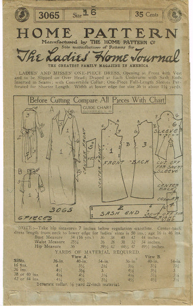 Ladies Home Journal 3065: 1920s Uncut Misses Day Dress Vintage Sewing Pattern