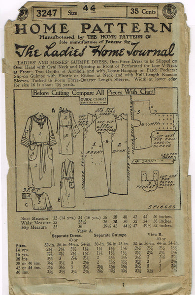Ladies Home Journal 3247: 1920s Uncut Guimpe Dress Sz 46B Vintage Sewing Pattern