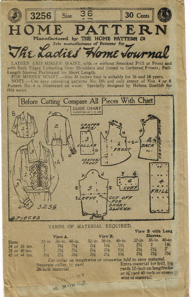Ladies Home Journal 3256: 1920s Uncut Misses Blouse 36 B Vintage Sewing Pattern