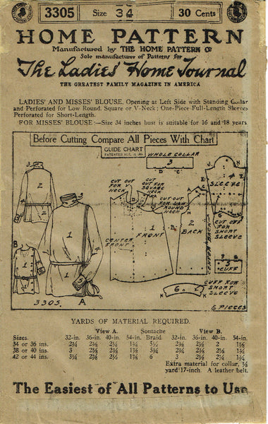 Ladies Home Journal 3305: 1920s Uncut Misses Blouse Vintage Sewing Pattern