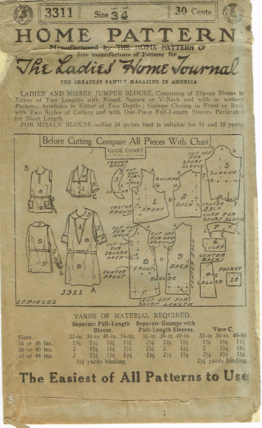 Ladies Home Journal 3311: 1920s Uncut Misses Blouse Vintage Sewing Pattern