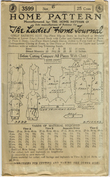 Ladies Home Journal 3599: 1920s Uncut Girls Bathingsuit Sz 6 VTG Sewing Pattern