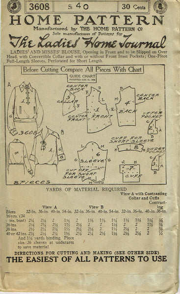Ladies Home Journal 3608: 1920s Uncut Misses Blouse 40 B Vintage Sewing Pattern