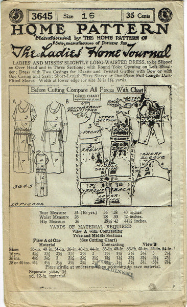 Ladies Home Journal 3645: 1920s Uncut Misses Dress Vintage Sewing Pattern