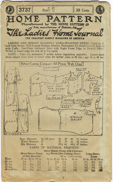 Ladies Home Journal 3737: 1920s Uncut Misses Dinner Dress Vintage Sewing Pattern