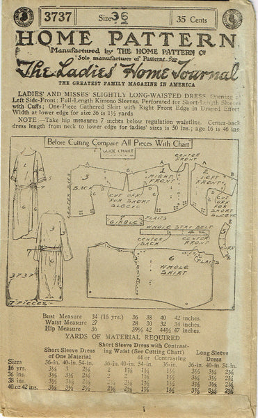Ladies Home Journal 3737: 1920s Uncut Misses Dinner Dress Vintage Sewing Pattern