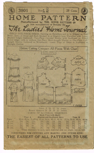Ladies Home Journal 3801: 1920s Uncut Girls Party Dress Sz 12 VTG Sewing Pattern