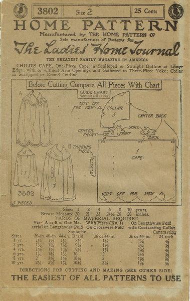 Ladies Home Journal 3802: 1920s Uncut Toddler Girls Cape Sz 2 VTG Sewing Pattern