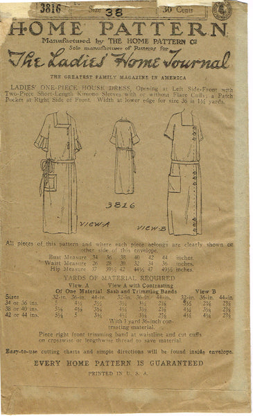 Ladies Home Journal 3816: 1920s Uncut Misses House Dress 38B VTG Sewing Pattern