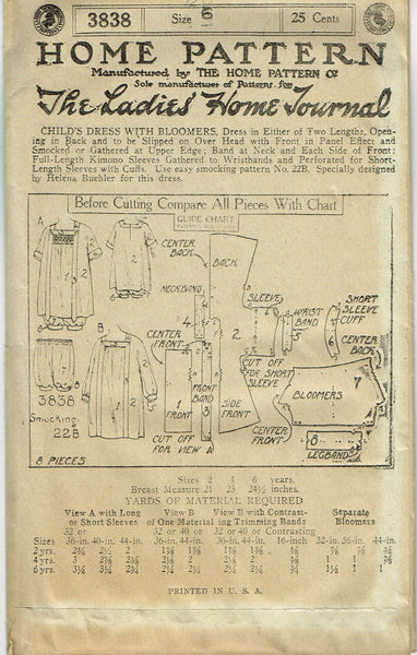 Ladies Home Journal 3838: 1920s Uncut Girls Bloomer Dress Sz6 VTG Sewing Pattern