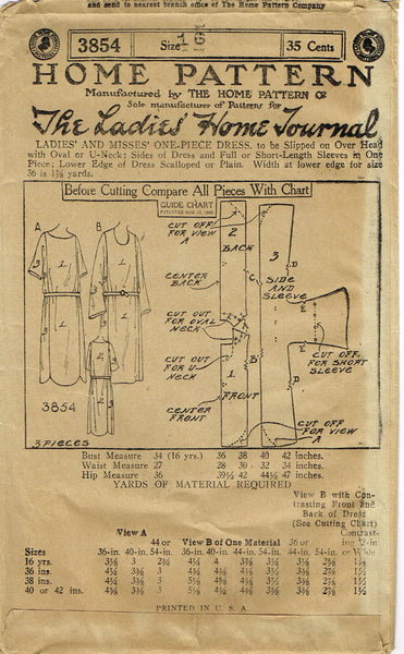 Ladies Home Journal 3854: 1920s Uncut Misses Dress Vintage Sewing Pattern