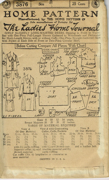 Ladies Home Journal 3876: 1920s Uncut Girls Day Dress Vintage Sewing Pattern