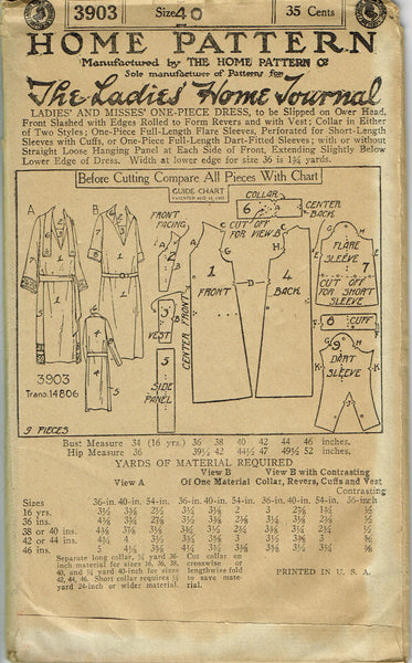 Ladies Home Journal 3903: 1920s Uncut Misses Dress Sz 40B Vintage Sewing Pattern