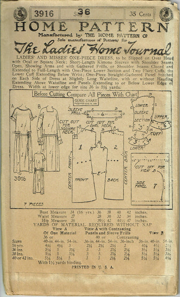 Ladies Home Journal 3916: 1920s Uncut Misses Street Dress 36B VTG Sewing Pattern