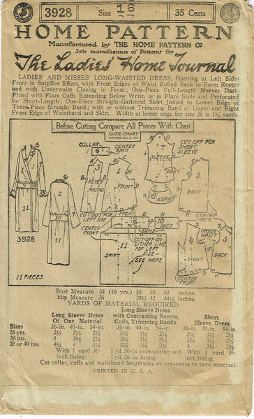 Ladies Home Journal 3928: 1920s Uncut Misses Street Dress 34B VTG Sewing Pattern