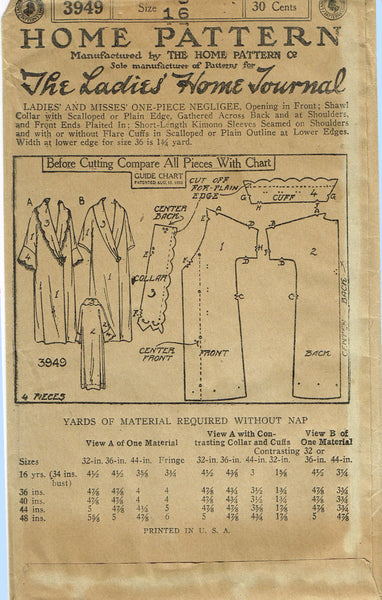 Ladies Home Journal 3949: 1920s Uncut Misses Negligee 34B Vintage Sewing Pattern
