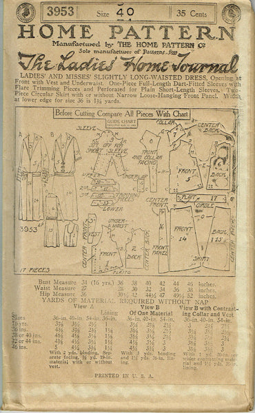 Ladies Home Journal 3953: 1920s Uncut L adies Dress Sz 40B Vintage Sewing Pattern