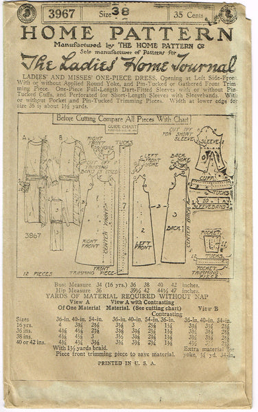 Ladies Home Journal 3967: 1920s Uncut Misses Party Dress 38 B VTG Sewing Pattern