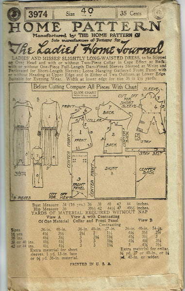 Ladies Home Journal 3974: 1920s Uncut Misses Dress Sz 40B Vintage Sewing Pattern