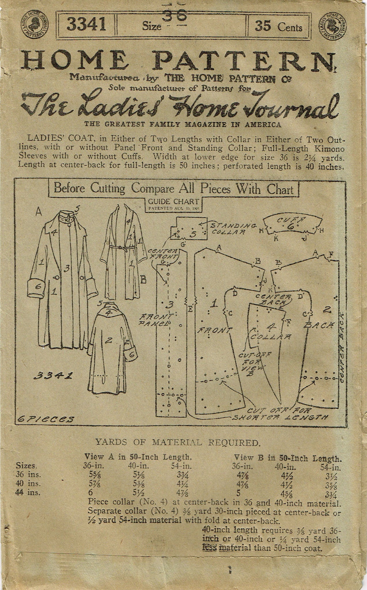 Ladies Home Journal 3341: 1920s Uncut Coat Sz 36 B VTG