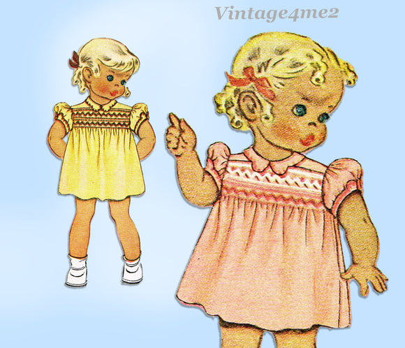 1940s Vintage McCall Sewing Pattern 1189 WWII Baby Girls Smocked Dress 6mos