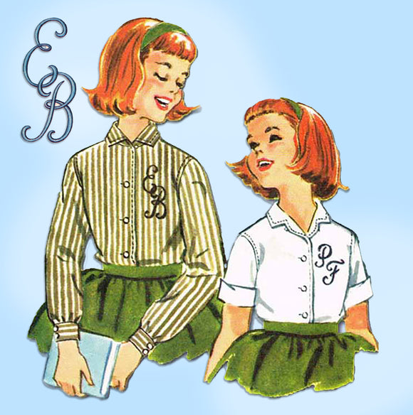 1950s Vintage McCalls Sewing Pattern 2376 Girls Moanogram Blouse Set
