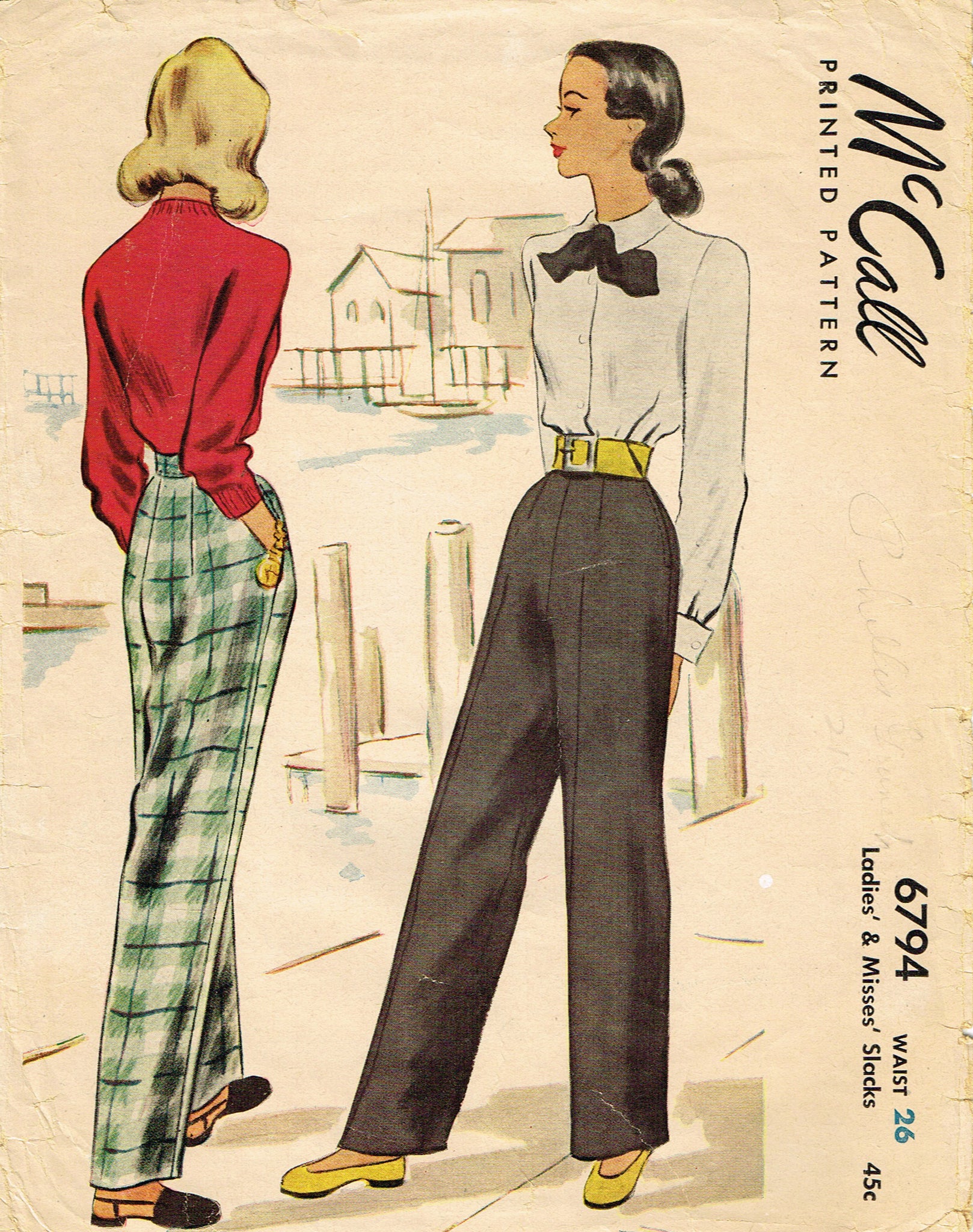 1940s Vintage McCall Sewing Pattern 6794 Misses Trousers or Slacks