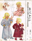 McCall 1145: 1940s Girls Robe Bunny Slippers & Doll Size 6 Vintage Sewing Pattern