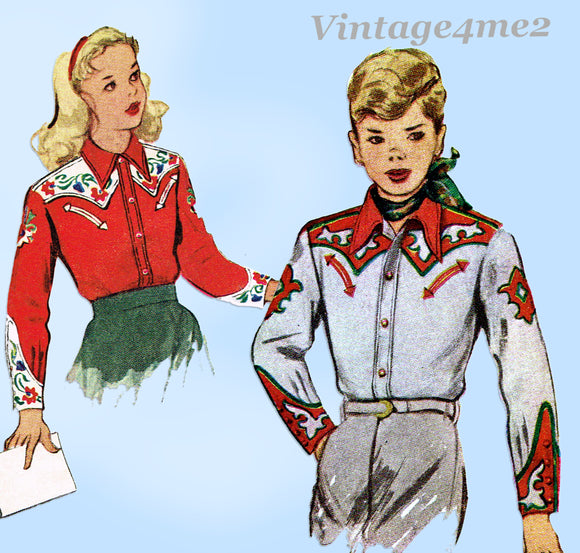 1940s VTG McCalls Sewing Pattern 1310 Boys Girls Embroidered Western Shirt Sz6