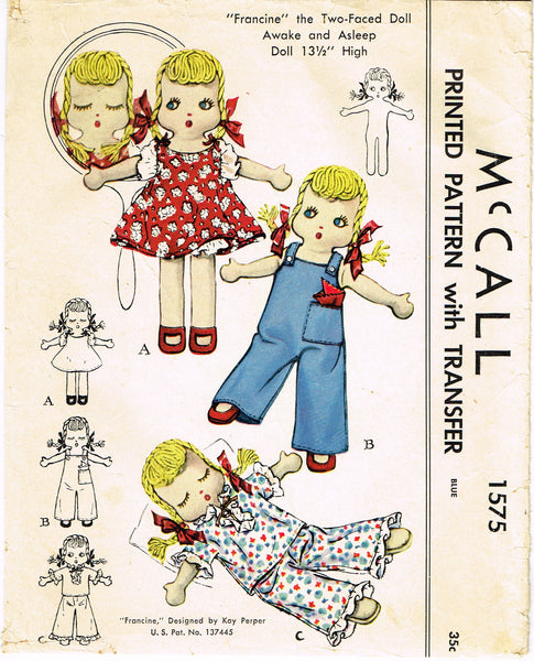 McCall 1575: 1950s Uncut Francine Soft Doll & Clothes Set Vintage Sewing Pattern