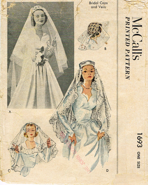McCall's 1693: 1950s Stunning Misses Bridal Caps & Veils Vintage Sewing Pattern