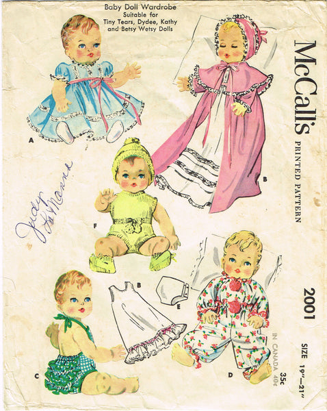 McCall's 2001: 1950s Large Betsy Wetsy Baby Doll Clothes Vintage Sewing Pattern