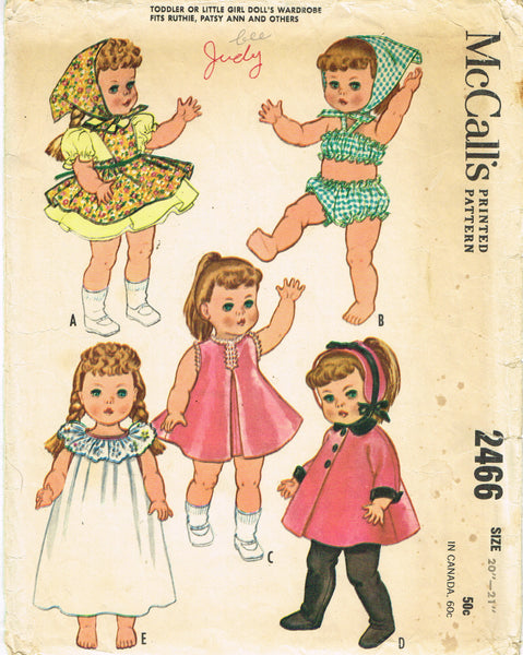 1960s Vintage McCalls Sewing Pattern 2466 Cute 20 Inch Patsy Ann Doll Clothes