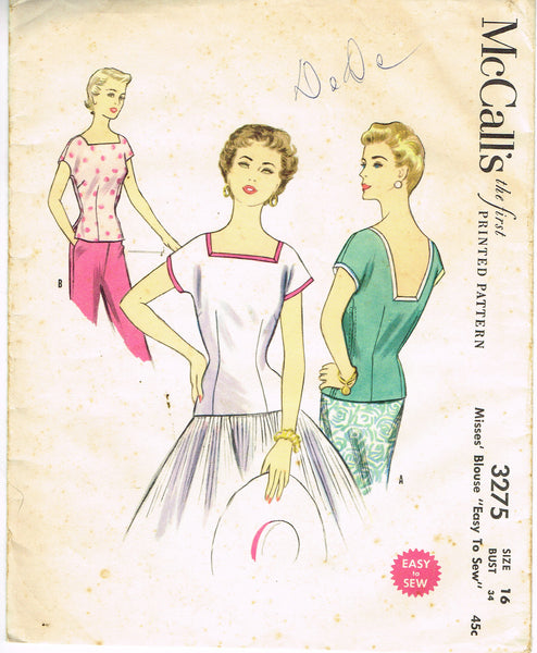 McCall 3275: 1950s Easy Misses Sporty Blouse Size 34 Bust Vintage Sewing Pattern