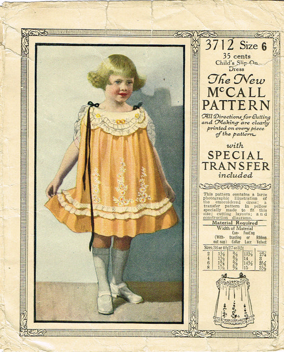 1920s Original Vintage McCall Pattern 3712 Rare Toddler Girls Party Dress Size 6