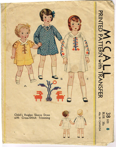 McCall 38: 1930s Cute Little Girls Raglan Dress Size 8 Vintage Sewing Pattern