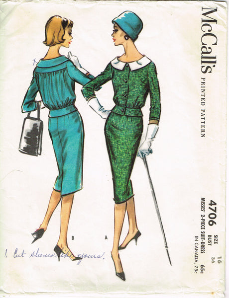 1950s Vintage McCall's Sewing Pattern 4706 Misses 2 Piece Suit Dress Size 16 36B