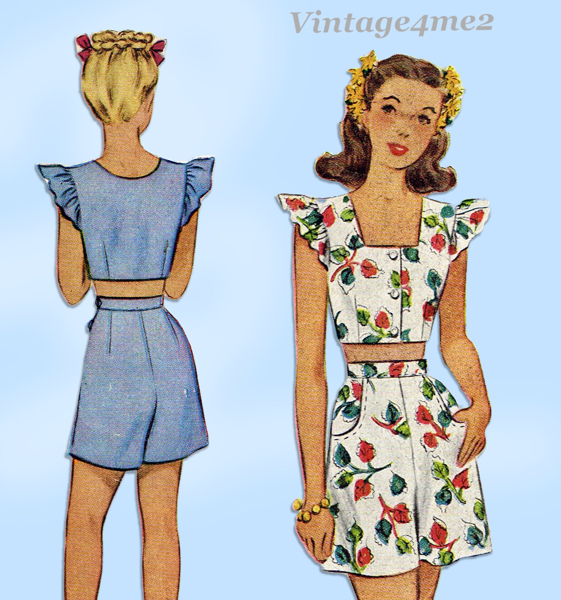 McCall 6071: 1940s Rare WWII Girls 2 Piece Playsuit Sz 8 Vintage