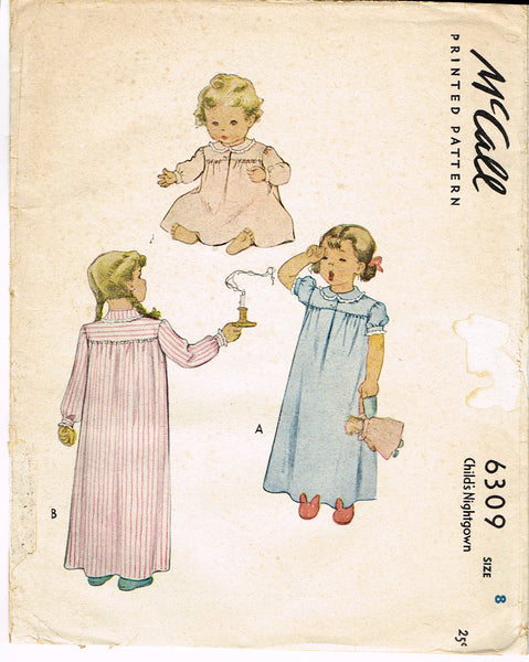 1940s Vintage McCall Sewing Pattern 6309 Uncut Girls WWII Nightgown Size 8