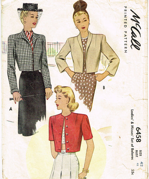 1940s Vintage McCall Sewing Pattern 6458 Plus Size Women's Bolero Set 42 Bust
