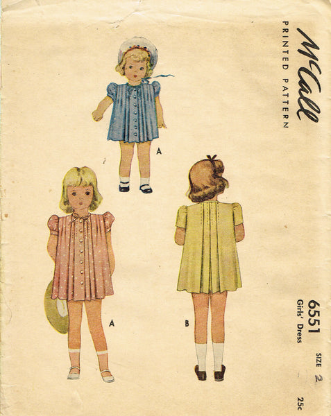 McCall 6551: 1940s Uncut Toddler Girls Tucked Dress Sz 2 Vintage Sewing Pattern
