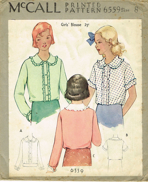 McCall 6559: 1930s Cute Uncut Girls Blouse Size 8 Vintage Sewing Pattern