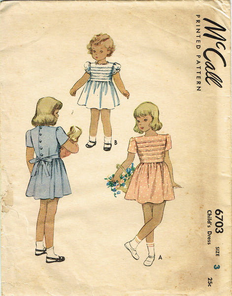 1940s Vintage McCall Sewing Pattern 6703 Toddler Girls Tucked Dress Size 3