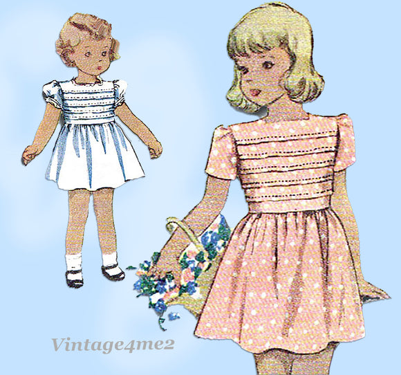 1940s Vintage McCall Sewing Pattern 6703 Toddler Girls Tucked Dress Size 3
