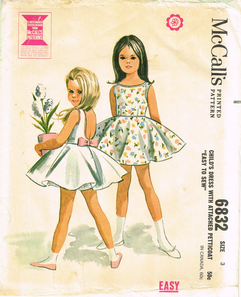McCall 6832: 1960s Darling Toddler Girls Party Dress Sz 3 Vintage Sewing Pattern
